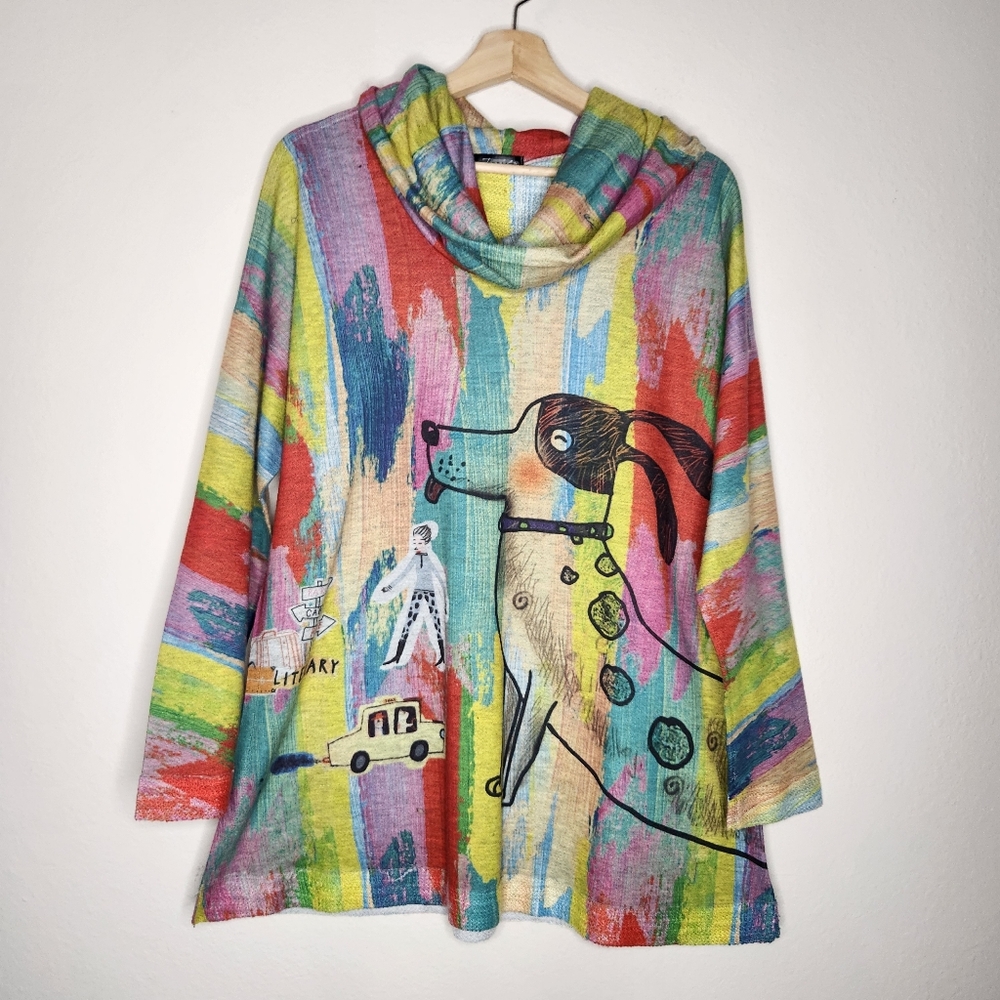 Inoah Womens XL Dog City Taxi Abstract Cowl Sweater Colorful